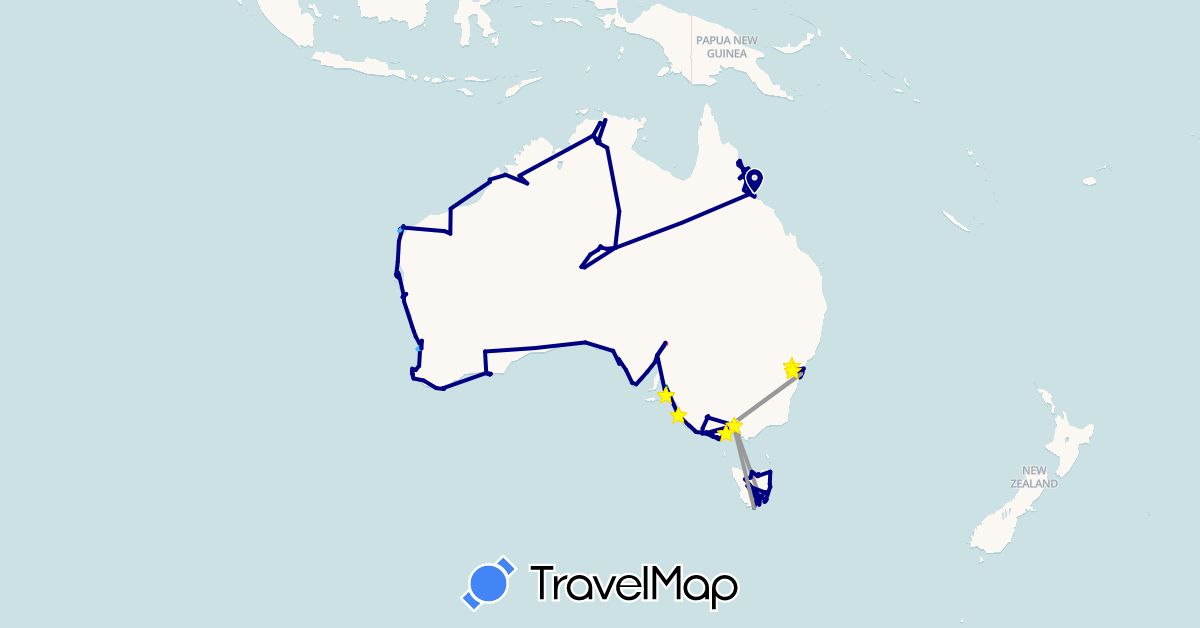 TravelMap itinerary: driving, bus, plane, cycling, hiking, boat in Australia (Oceania)